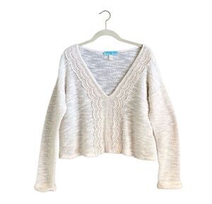 Dina Be cropped oatmeal colored cotton v-neck laced trimmed sweater - S